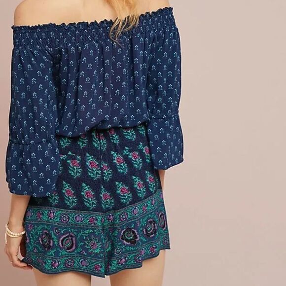 Anthropologie Kaleo Off The Shoulder Romper Navy Printed Pockets Size XS - Picture 3 of 13